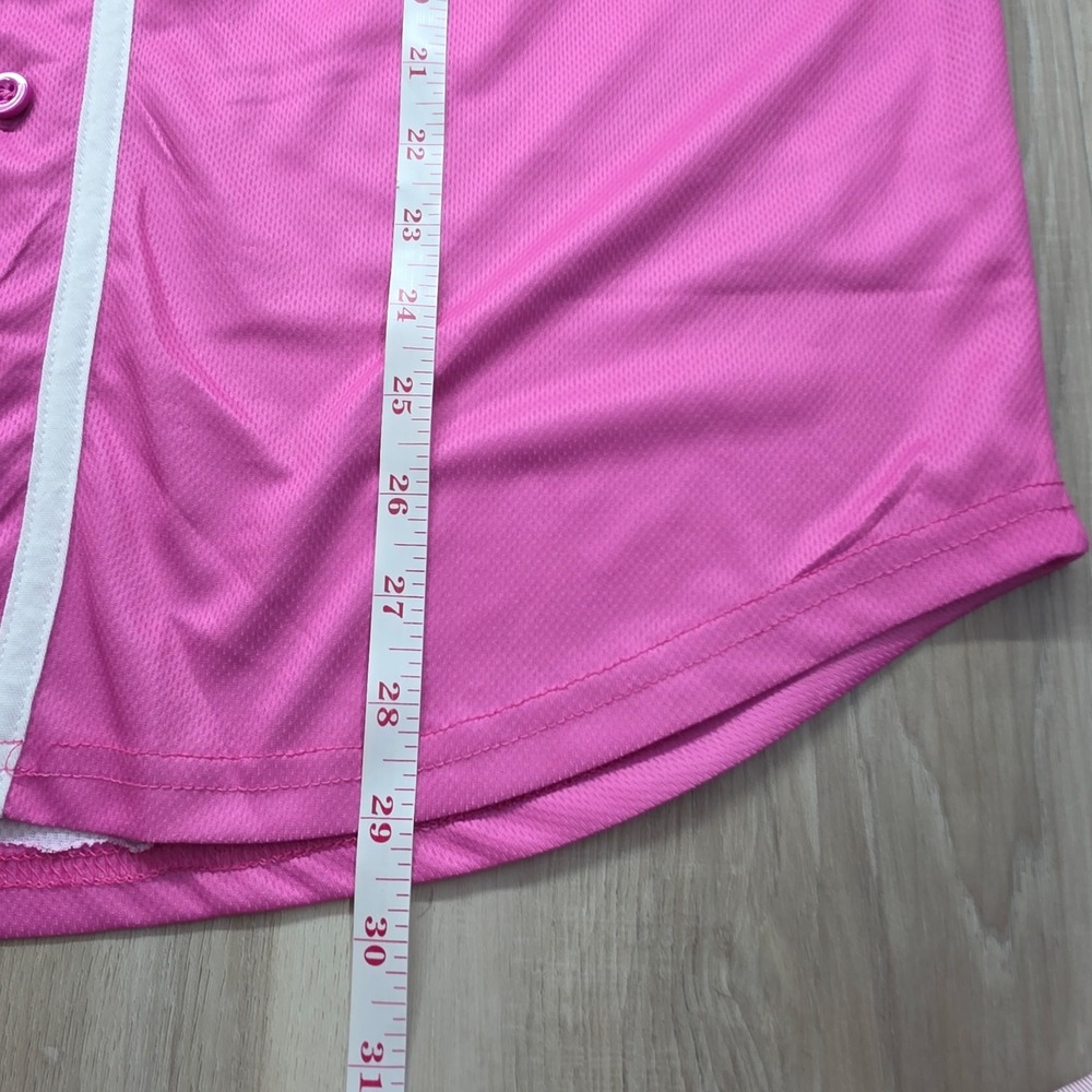 Barbie Baseball Jersey Pink White Button Up Logo 59 Graphic Shirt Large Womens - Picture 12 of 13